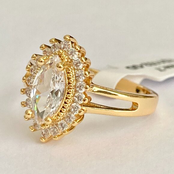 Marquise Cut Cubic Zirconia Halo Cocktail Ring Yellow Gold Plated Size 7 8 9 - Picture 9 of 12